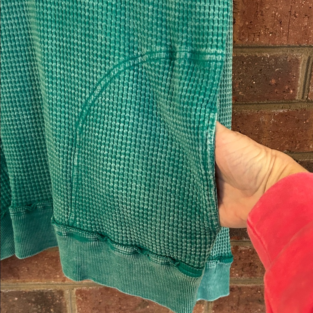 Zenana Outfitters Teal Short Sleeve Waffle Knit Henley Hoodie - Picture 2 of 6